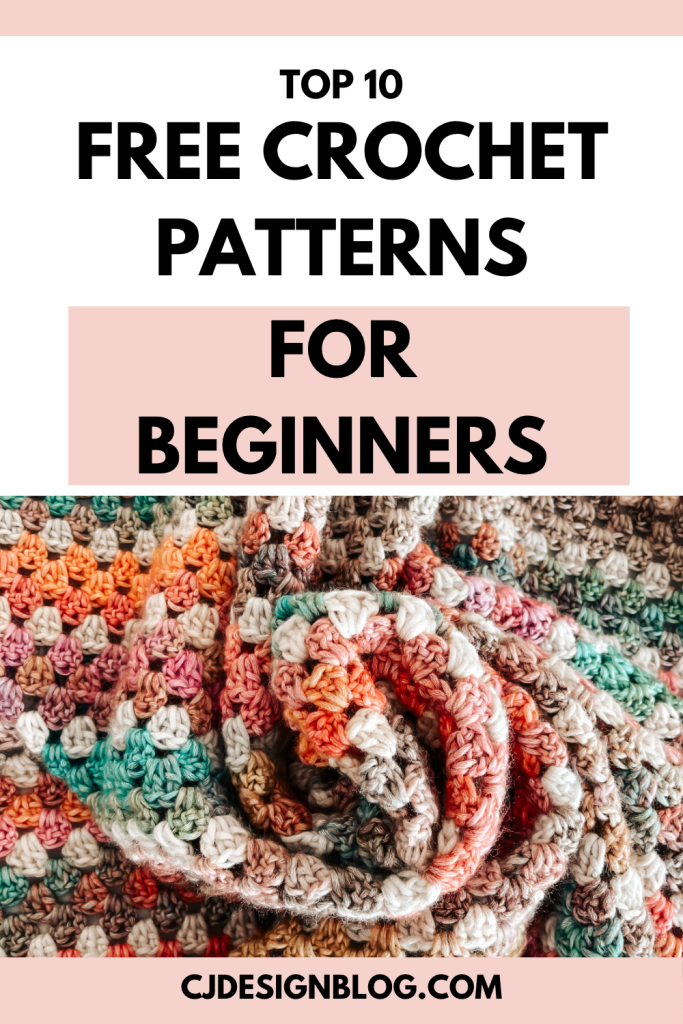A pinterest image with a colorful crochet granny stripes blanket that reads "top 10 free crochet patterns for beginners"